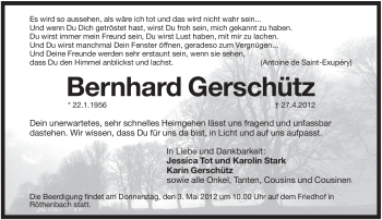 Traueranzeige von Bernhard Gerschütz von Pegnitz-Zeitung